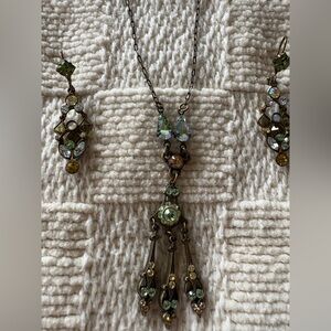 Vintage Sorrelli Antique Gold-Tone Green Crystal Pendant Necklace with Earrings